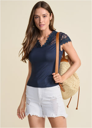 Lace detail tee - Navy - thumbnail-6