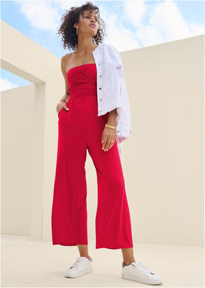 Smocked Tie-Front Jumpsuit - Red - thumbnail-6