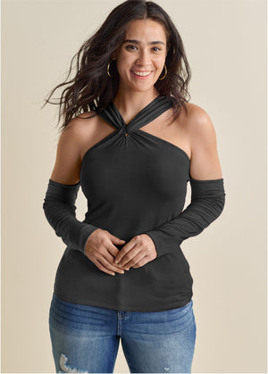 Cold-Shoulder Long Sleeve Top - Black - thumbnail-8