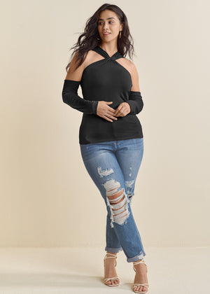 Cold-Shoulder Long Sleeve Top - Black - thumbnail-9