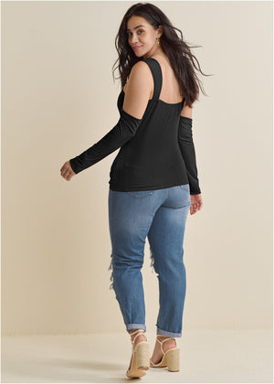 Cold-Shoulder Long Sleeve Top - Black - thumbnail-10