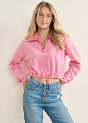 Terry Half-Zip Sweatshirt - Pink - thumbnail-1