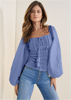 Smocked Eyelet Tassel Top - Light Blue - thumbnail-1