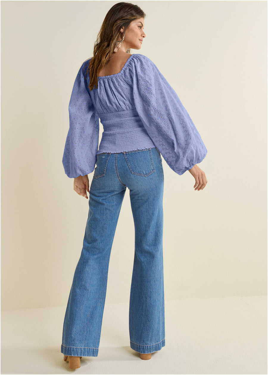 Smocked Eyelet Tassel Top - Light Blue