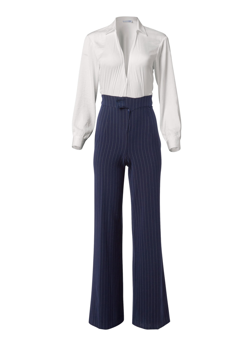 Pinstripe Wide Leg Jumpsuit - Navy & White