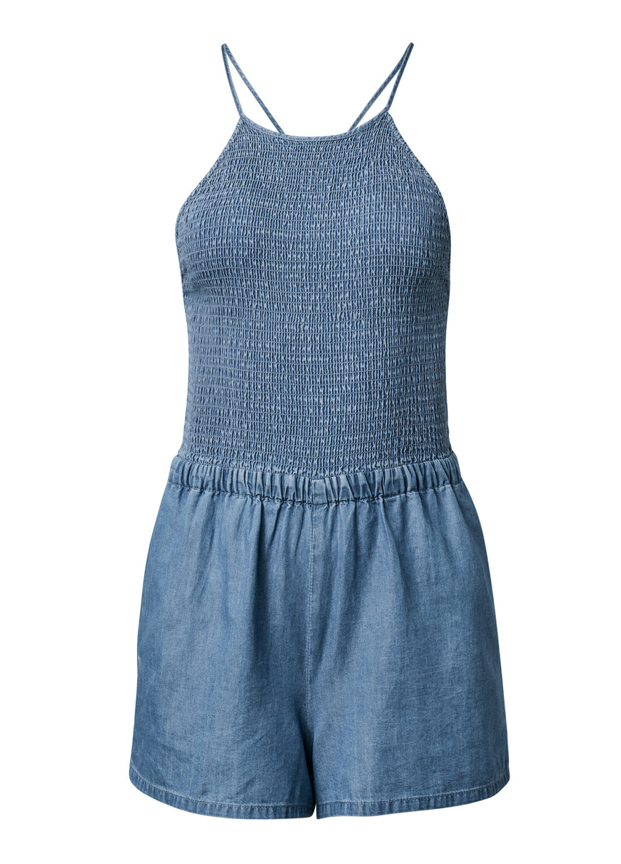 Combinaison en chambray à smocks - Délavage moyen