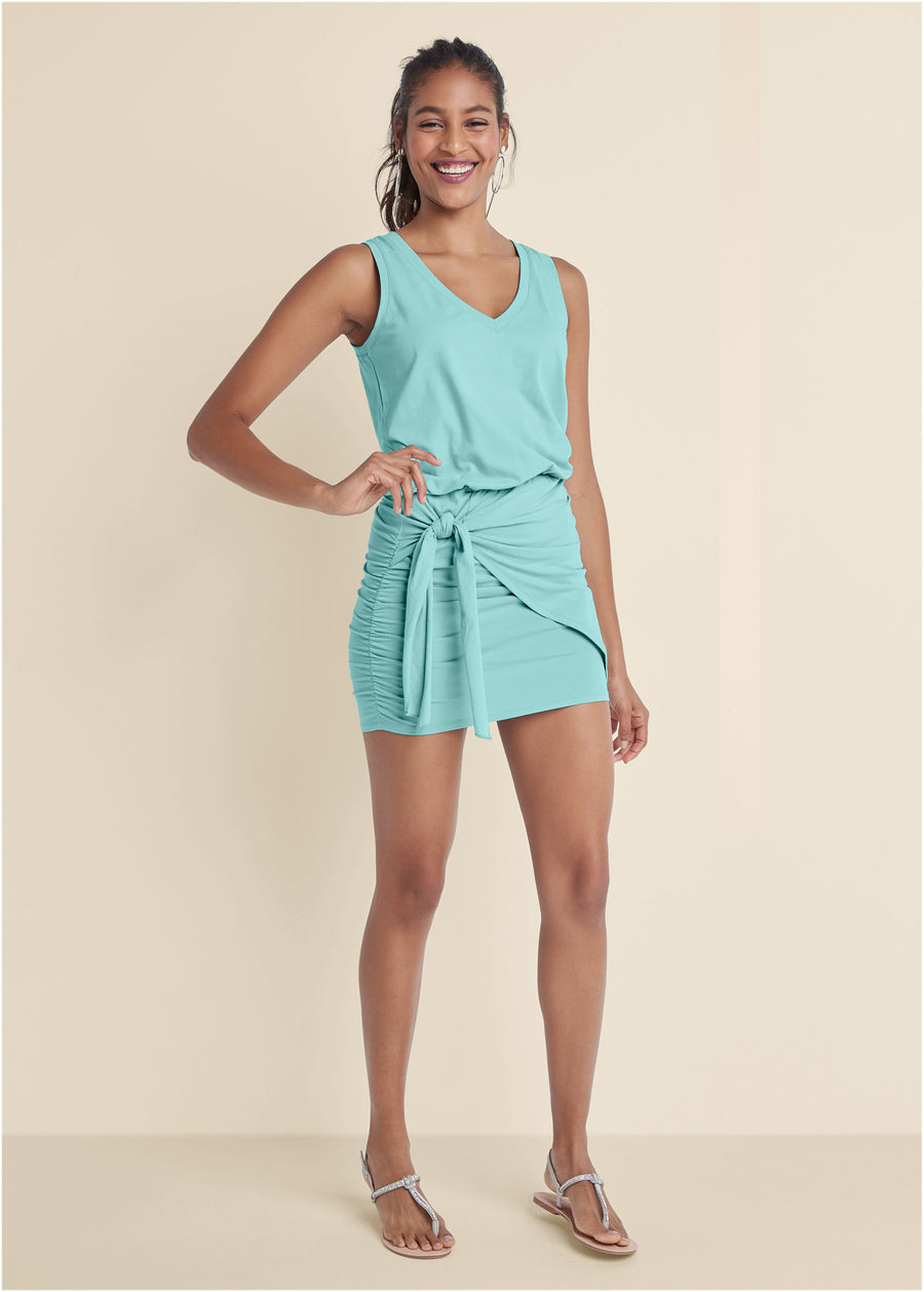 Mini-robe portefeuille à col en V sur le côté - Turquoise