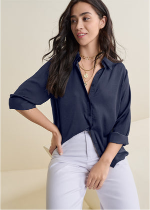 Soft Button-Down Blouse - Navy - thumbnail-8