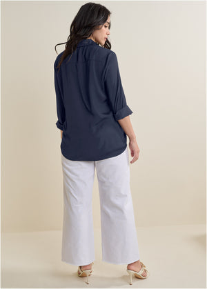 Soft Button-Down Blouse - Navy - thumbnail-9