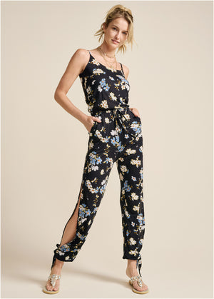 Slit Detail Jumpsuit - Black & Blue - thumbnail-1