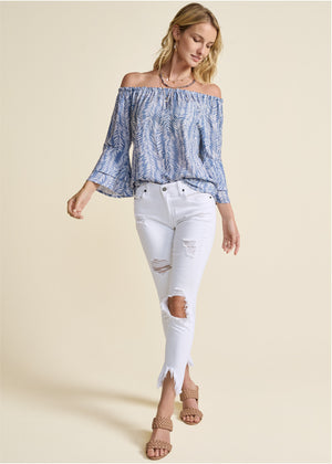 Off-The-Shoulder Printed Top - Blue & White - thumbnail-2