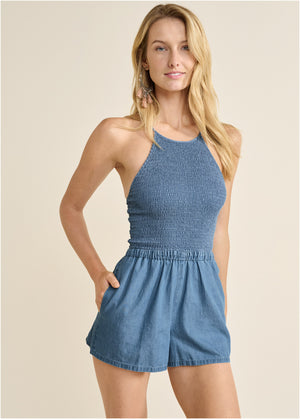 Smocked Chambray Romper - Medium Wash - thumbnail-1