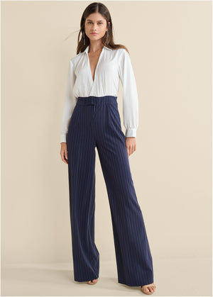 Pinstripe Wide Leg Jumpsuit - Navy & White - thumbnail-1