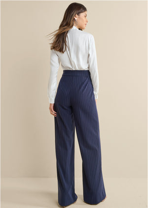 Pinstripe Wide Leg Jumpsuit - Navy & White - thumbnail-2