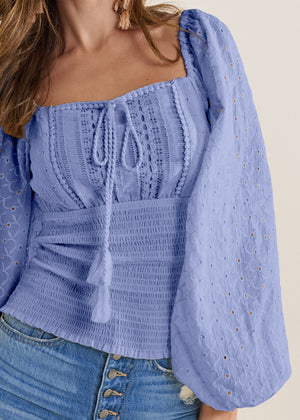 Smocked Eyelet Tassel Top - Light Blue - thumbnail-3