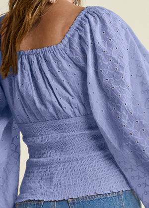 Smocked Eyelet Tassel Top - Light Blue - thumbnail-4