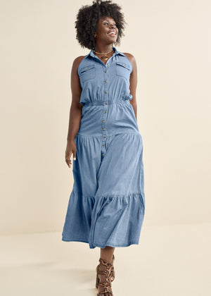 Chambray Tiered Maxi Dress  - Medium Wash - thumbnail-6