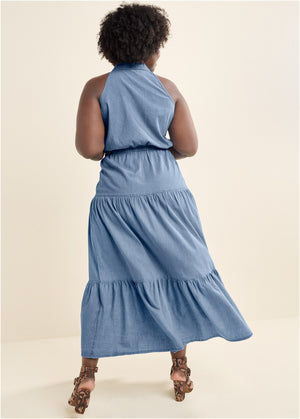 Chambray Tiered Maxi Dress  - Medium Wash - thumbnail-7