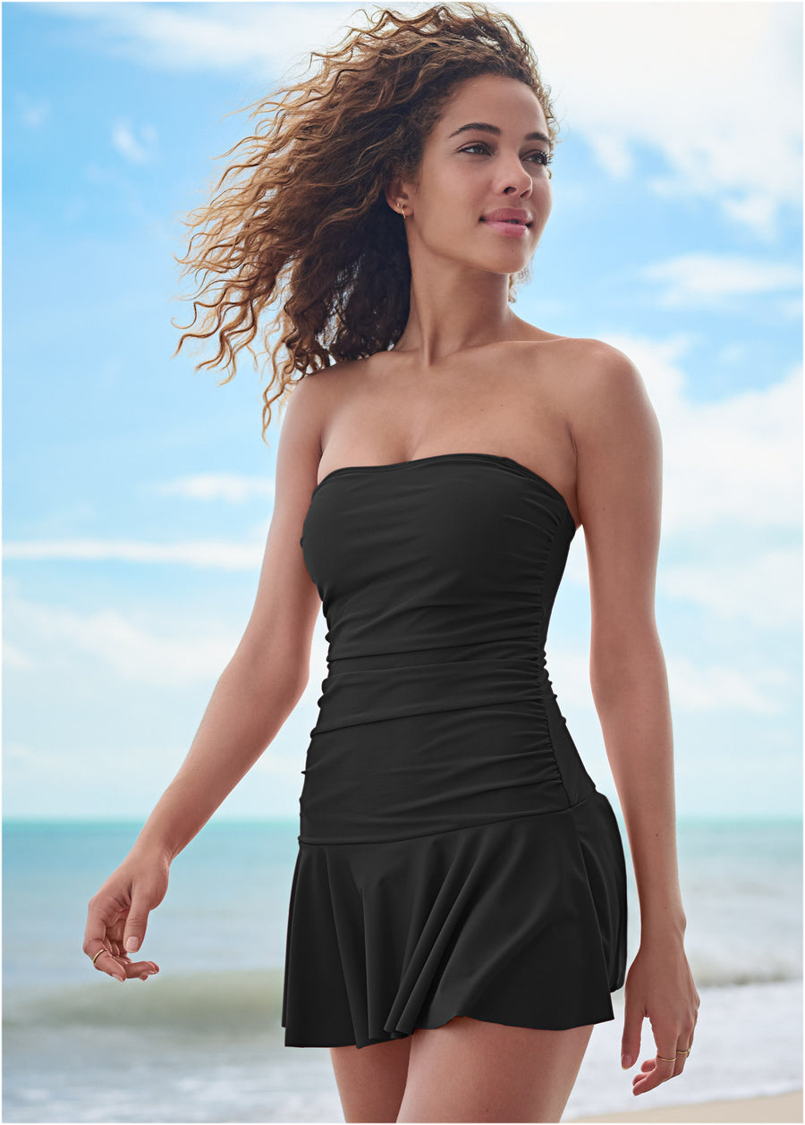 Skirted Bandeau Swim Dress - Black Beauty