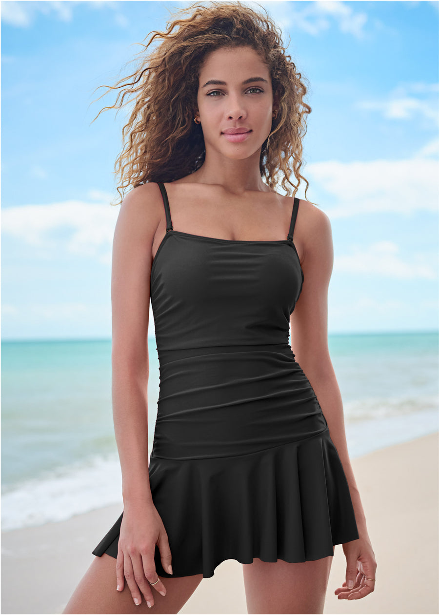 Skirted Bandeau Swim Dress - Black Beauty