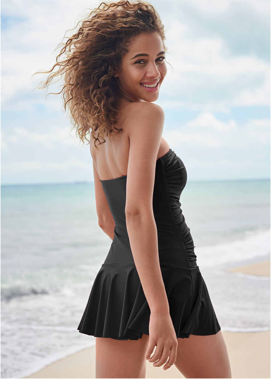 Skirted Bandeau Swim Dress - Black Beauty