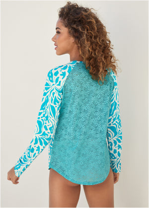 Lace Back Pajama Top - Teal & White - thumbnail-2