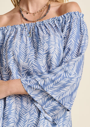 Off-The-Shoulder Printed Top - Blue & White - thumbnail-4