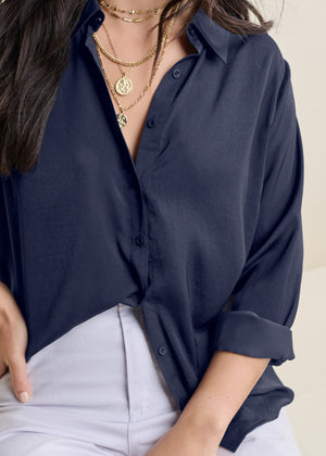 Soft Button-Down Blouse - Navy - thumbnail-10