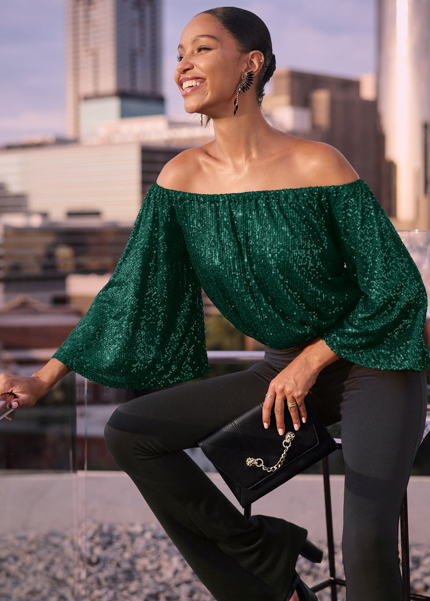 Off-The-Shoulder Sequin Top - Dark Green