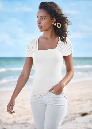 Ruched Sleeve Top - White - thumbnail-7