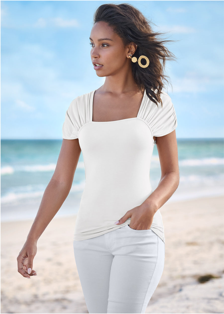 Ruched Sleeve Top - White