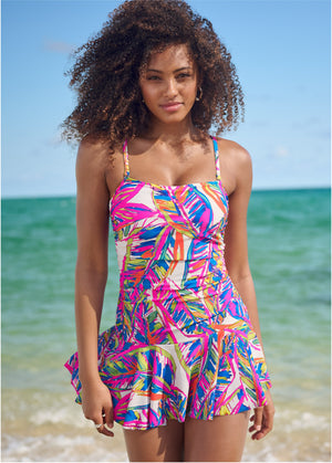 Skirted Bandeau Swim Dress - Bright Palm - thumbnail-1