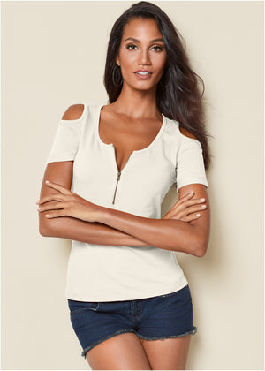 Cold-Shoulder Zipper Top - Off White - thumbnail-1