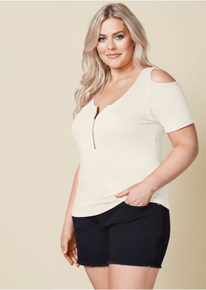 Cold-Shoulder Zipper Top - Off White - thumbnail-8