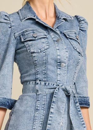 Tie-Waist Denim Midi Dress - Acid Wash - thumbnail-3