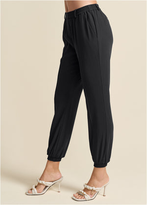 Pantalon de jogging taille haute tissé - Noir - thumbnail-4