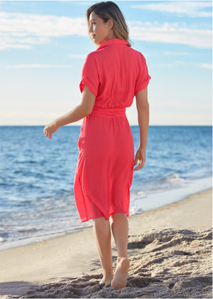 Button Down Dress Cover-Up - Sunset Pink - thumbnail-2