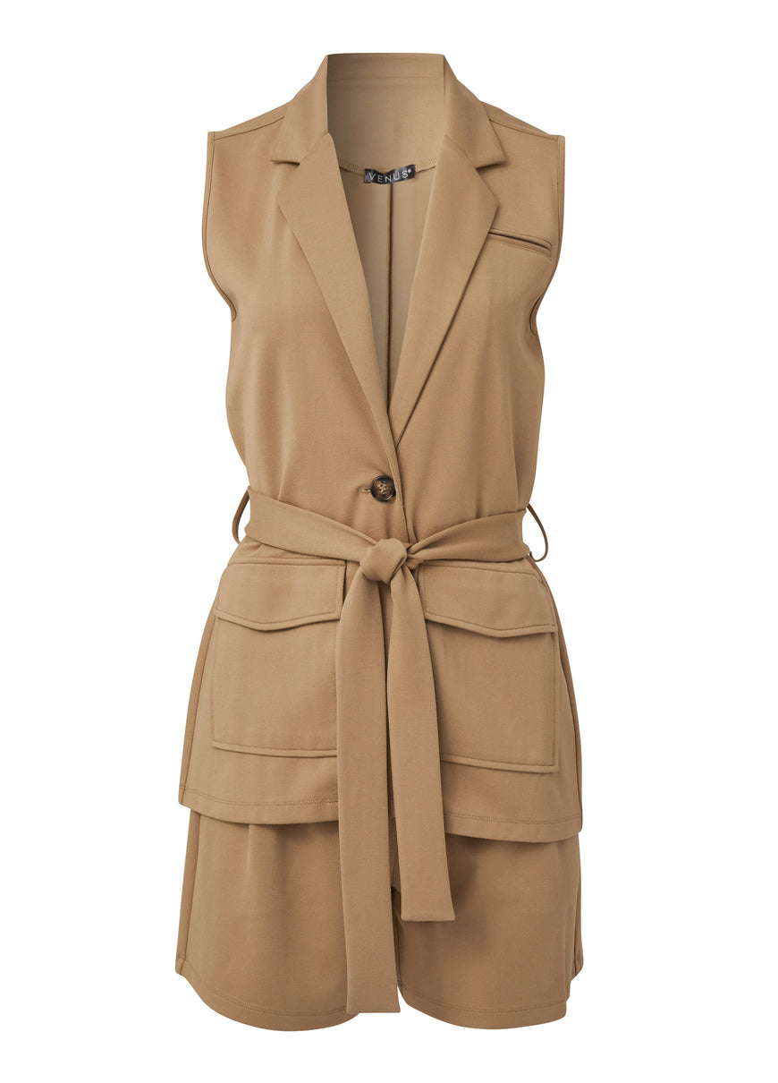 Sleeveless Blazer Short Set - Camel