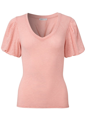 Puff Sleeve V-Neck Tee - Pale Pink - thumbnail-5