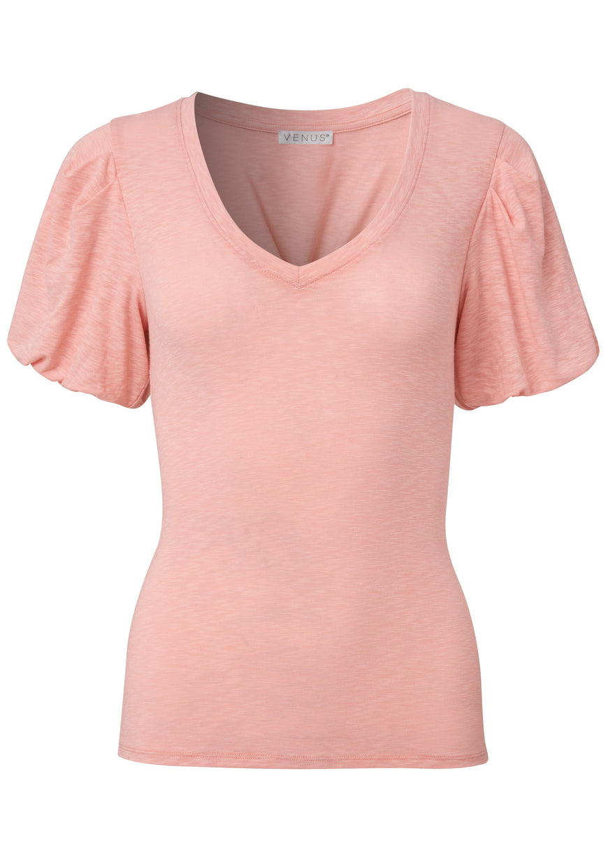 T-shirt col V manches bouffantes - Rose Pâle