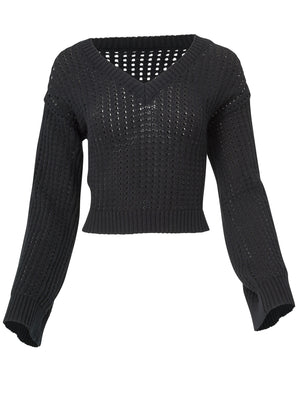 Pointelle Stitch Sweater - Black - thumbnail-5