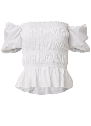 Smocked Puff Sleeve Top - White - thumbnail-5