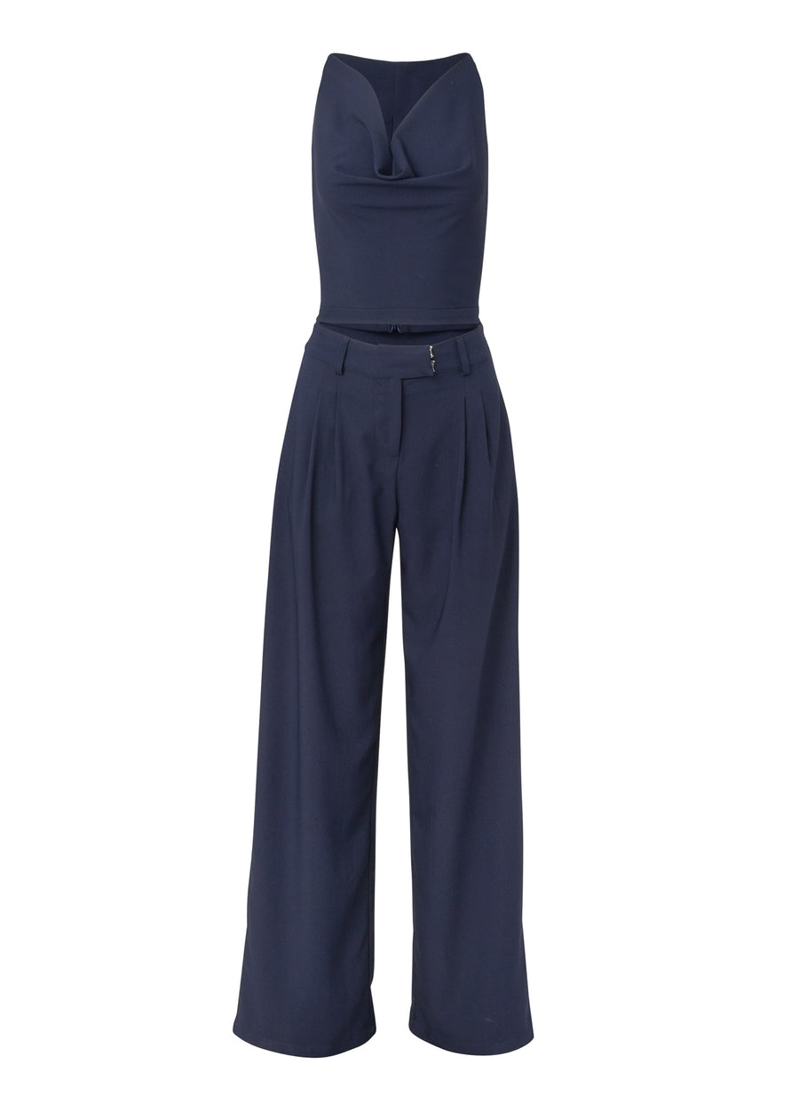 Cowl Neck Top And Pant Set - Navy