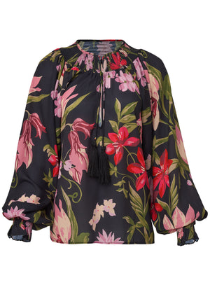 Floral Tassel-Tie Blouse - Black & Pink - thumbnail-5