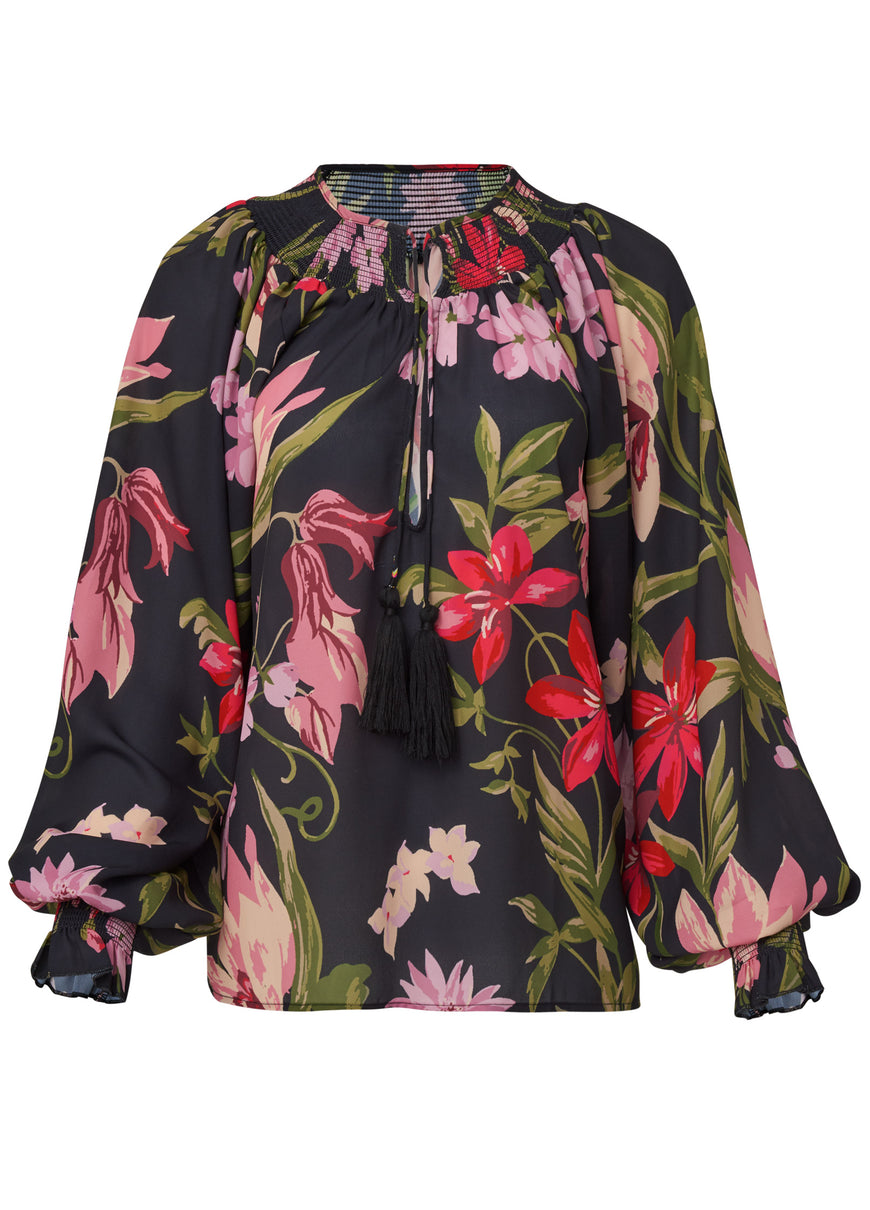 Floral Tassel-Tie Blouse - Black & Pink