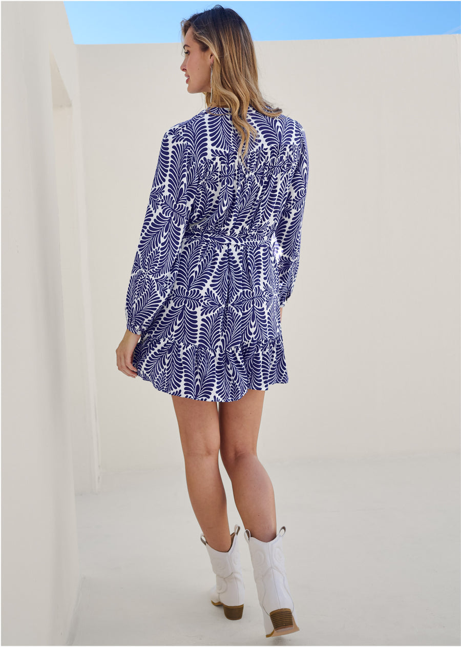 Printed Ruffle Mini Dress - Navy Multi