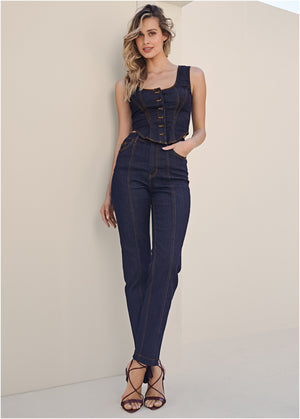 Haut corset boutonné en denim - Medium Wash - thumbnail-2