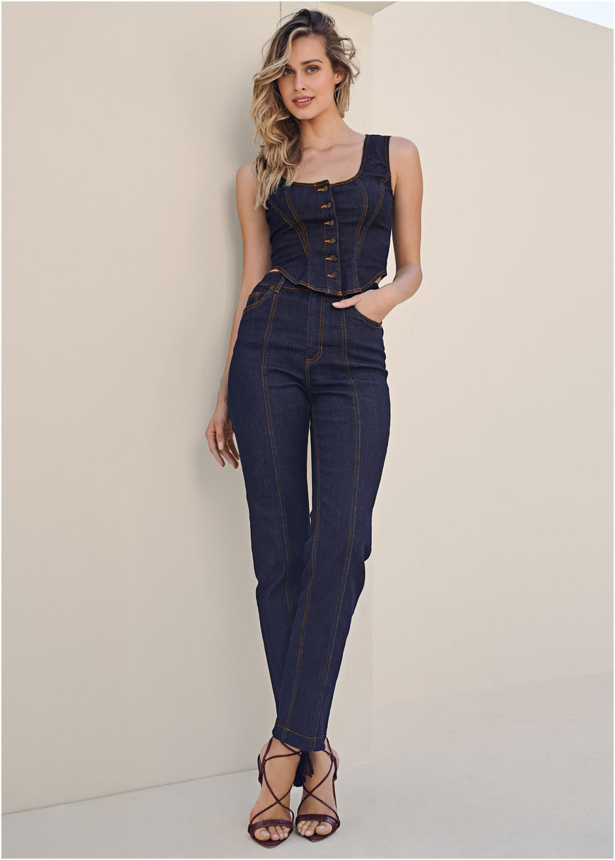 Button-Up Denim Corset Top - Medium Wash