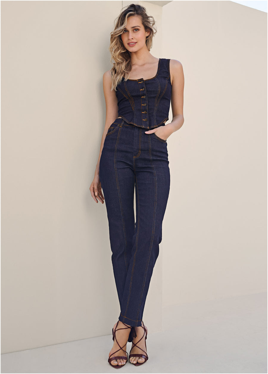 Haut corset boutonné en denim - Medium Wash