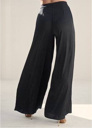 Side Pleat Wide Leg Pants - Black - thumbnail-3